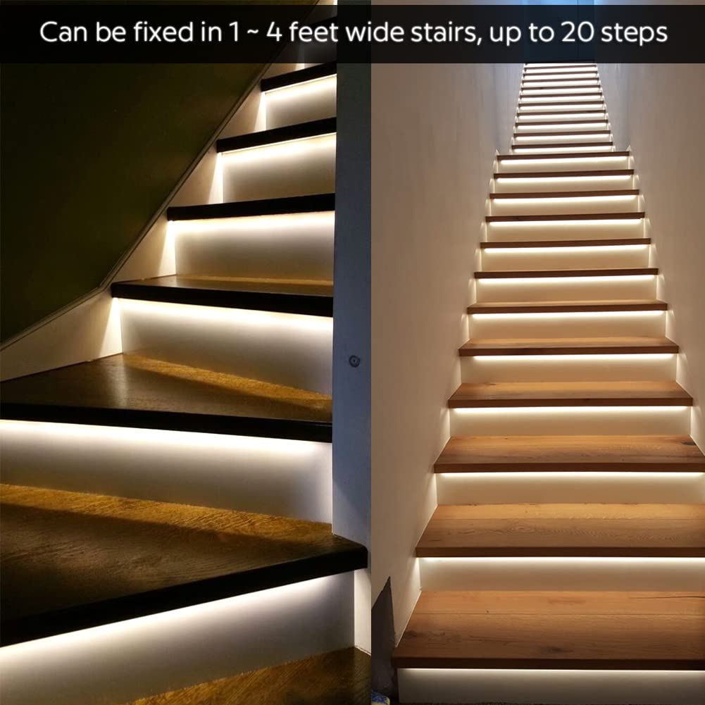 SuperlightingLED Intelligent Motion Sensor Stair Lights Indoor Staircase Lighting Kit ES32 PIR Sensor 4Feet Wide Cuttable Daylight White Dotless COB LED Strips 20PCS Complete Item (6000k)