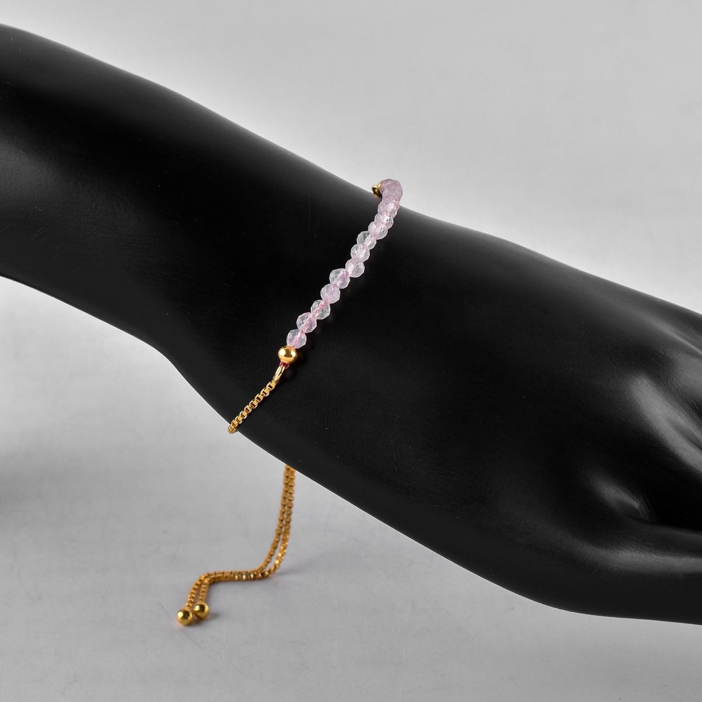 QNAVIC Natural Rose Quartz Gemstone Micro Beaded Dainty Slider Bolo Bracelet, Handmade Jewelry for women, Healing Chakra Crystals Birthstone Gift for Her, 14K Gold Plated Chain 6-9 inch