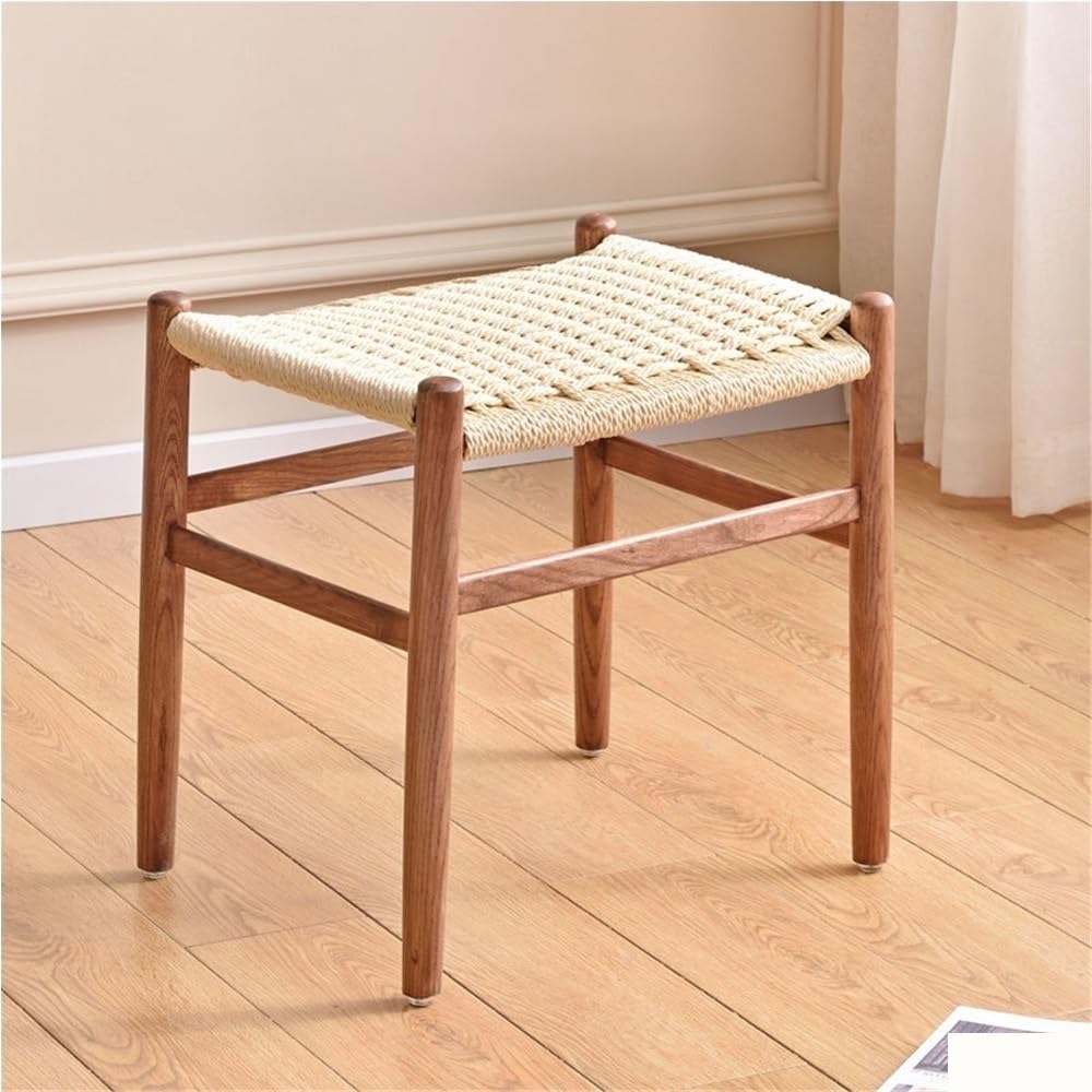 GOIPNGPK Hand Woven Stool, Solid Wood Square Stool, Simple Vanity Stool, Modern Small Stool Suitable for Living Room, Bedroom, Kitchen, Office(Brown)