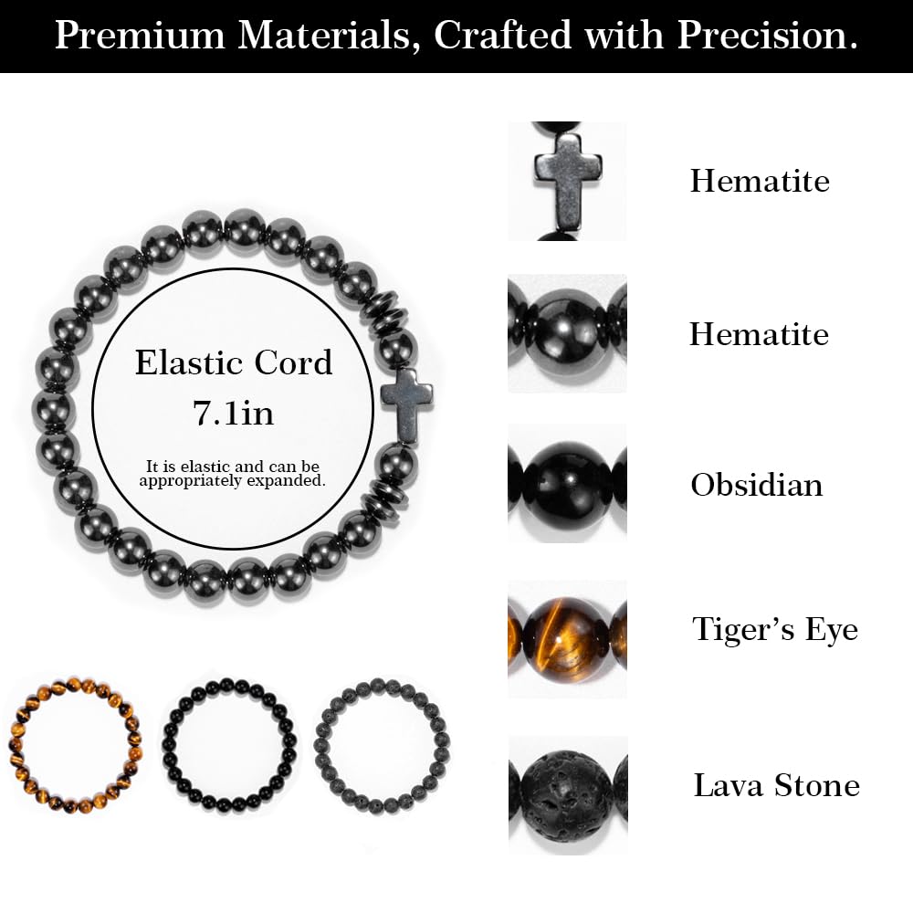 Crystery Men Beaded Bracelets, 8mm Natural Stone Bracelet, Healing Crystal, Jewelry Gifts for men, Triple Protection, Hematite, Tiger Eye, Black Obsidian Beads Bracelets, Lava Rock, Pack of 4