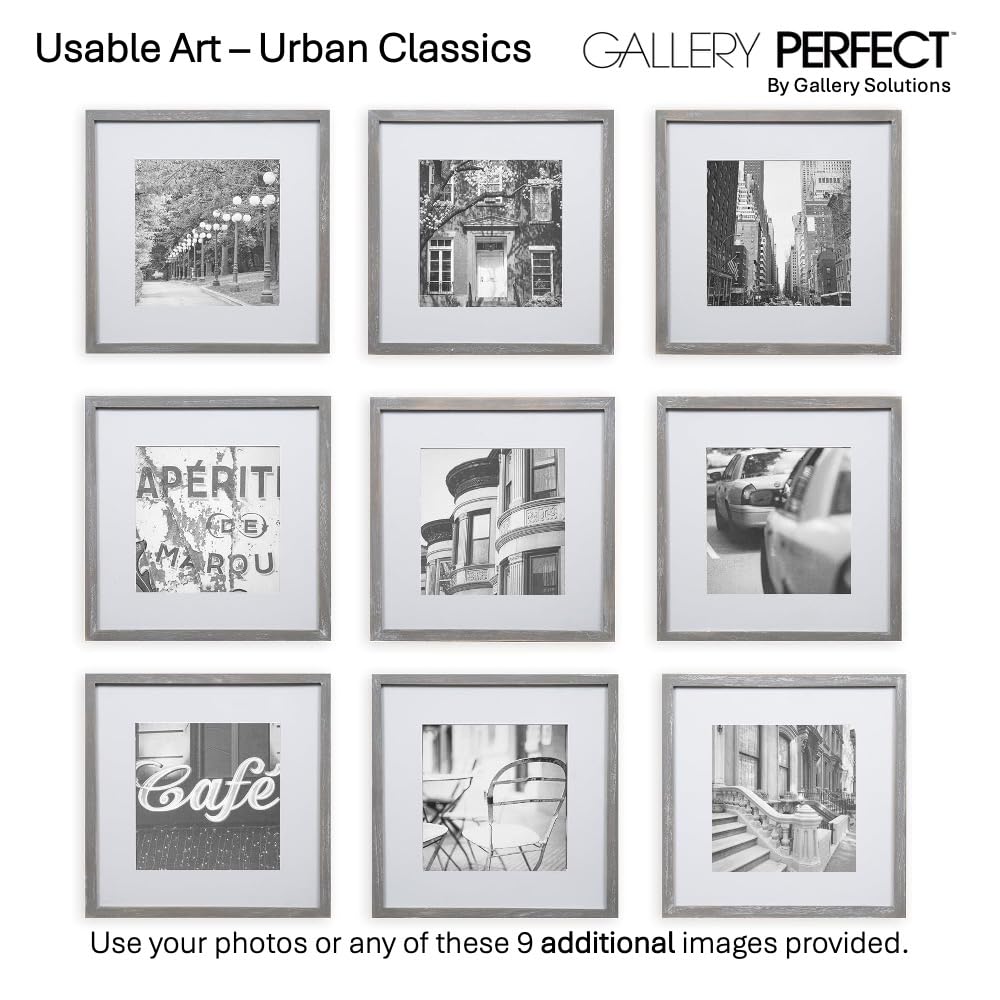 GALLERY PERFECT 12x12 Picture Frames, 9 Piece Set with Real Glass Cover for 8x8 Photos With Mat, Picture Frames Collage Wall Decor for Gallery Wall, Home Decor, Grey