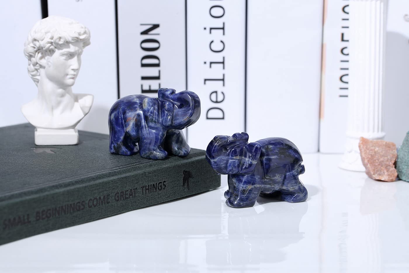 YATOJUZI 2" Blue Solidate Elephant Decor Cute Polished Natural Stone Hand Carved Pink Healing Crystal Sculpture Statue Figurines Gemstone Hippie Home Room Office Desk Decoration Gifts for Women Men