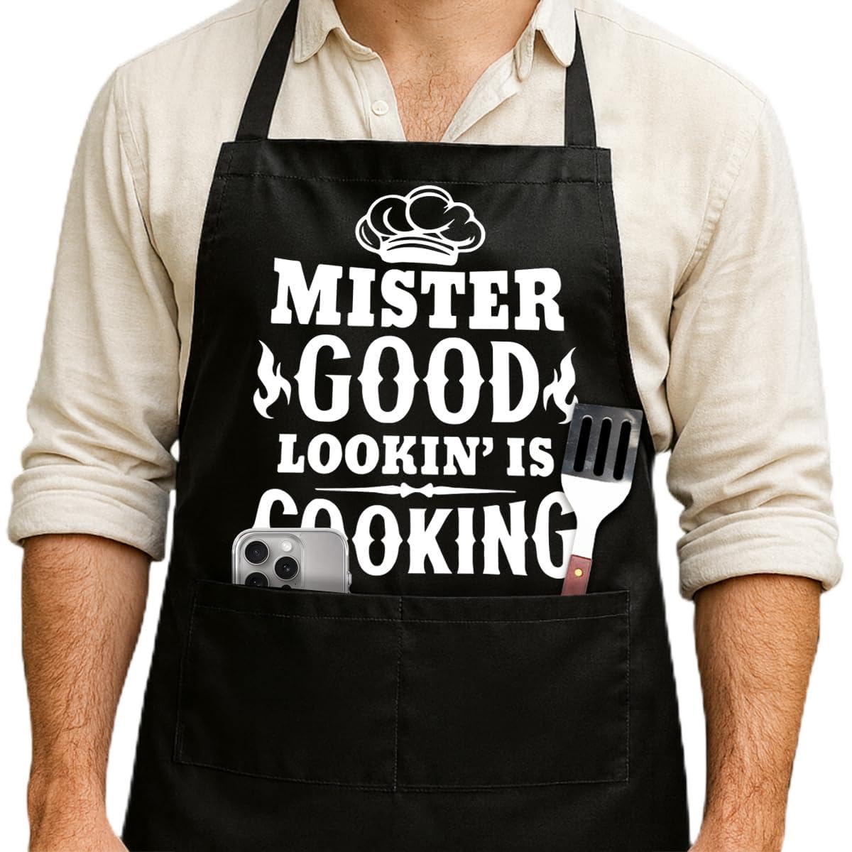 Mr Goodlookin' is Cookin,Funny BBQ Grilling Cooking Chef Aprons for Men,Dad,Boyfriend,Farther,Grandpa,Friend,Chef Apron with 2 Pockets,Kitchen Gifts for Men,Chef Gifts for Birthday Christmas