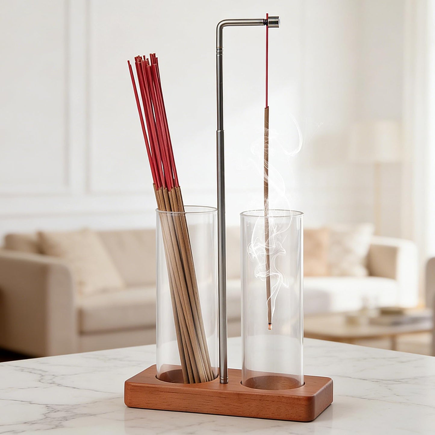 2 in 1 Incense Holder Modern Design– Adjustable Height (8.7"-13.4") with Secure Connection and, Vertical Incense Burner for Sticks & Cones, Glass Ash Catcher for Yoga Meditation Home Office Decor