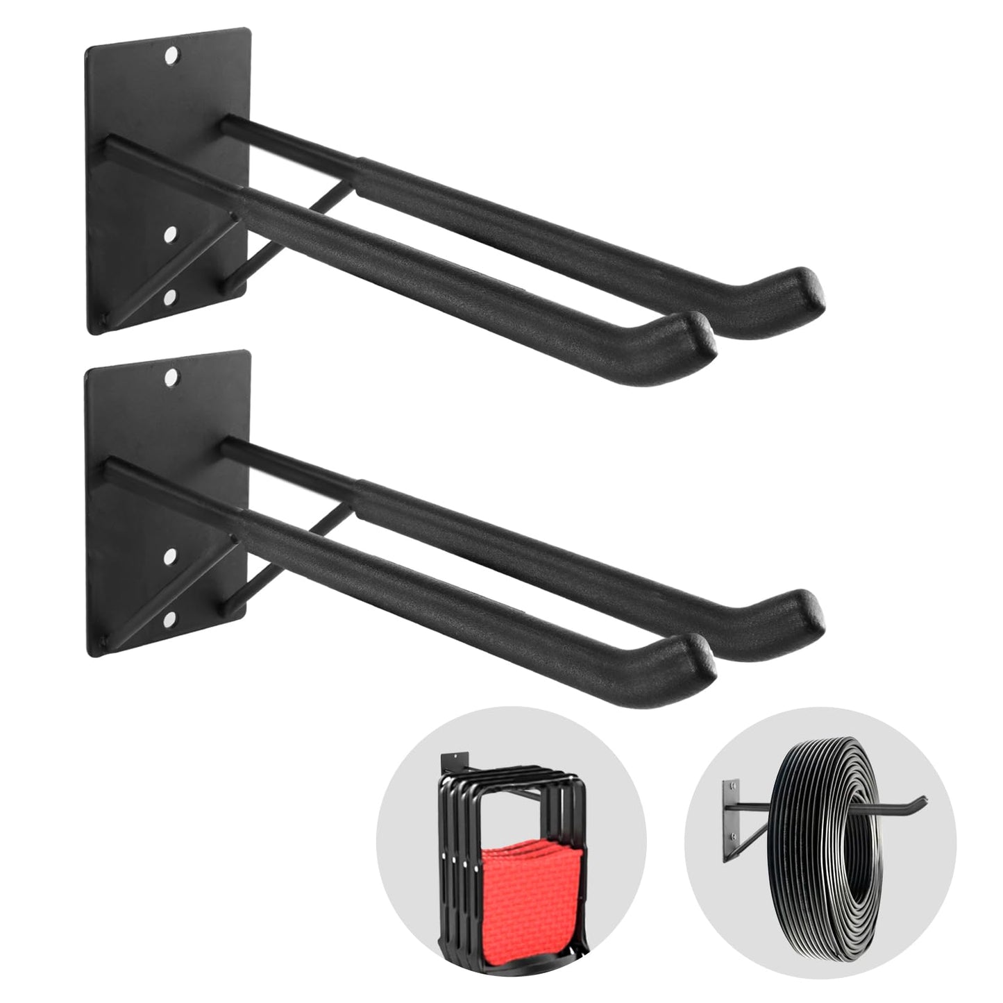FancyEagle 14" Large Heavy Duty Garage Hooks, 2-Pack Steel Garage Storage Hooks with Support Rods, Utility Wall Mount Hangers for Power Tools, Car Tires, Ladders, Chairs, Garden Tools and More
