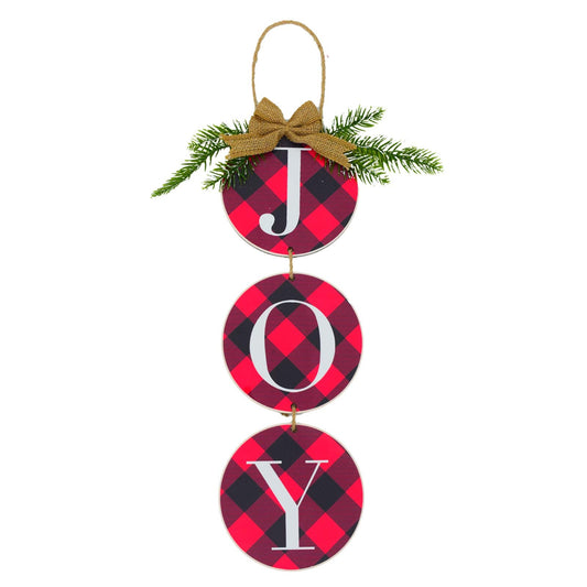 LaZimnInc Christmas Decoration JOY Wall Sign, Buffalo Check Plaid Wreath for Front Door Rustic Burlap Wooden Christmas Ornaments for Home Window Wall Farmhouse Indoor Outdoor