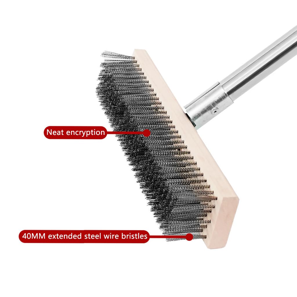 Heavy Duty Floor Scrubber,Deck Brush with Long Handle,56L''×12W Stainless Steel Wire Scrub Brush, Stiff Metal Bristle Scrubber Broom for Deck, Concrete, Patio Floor Cleaning Moss Removal