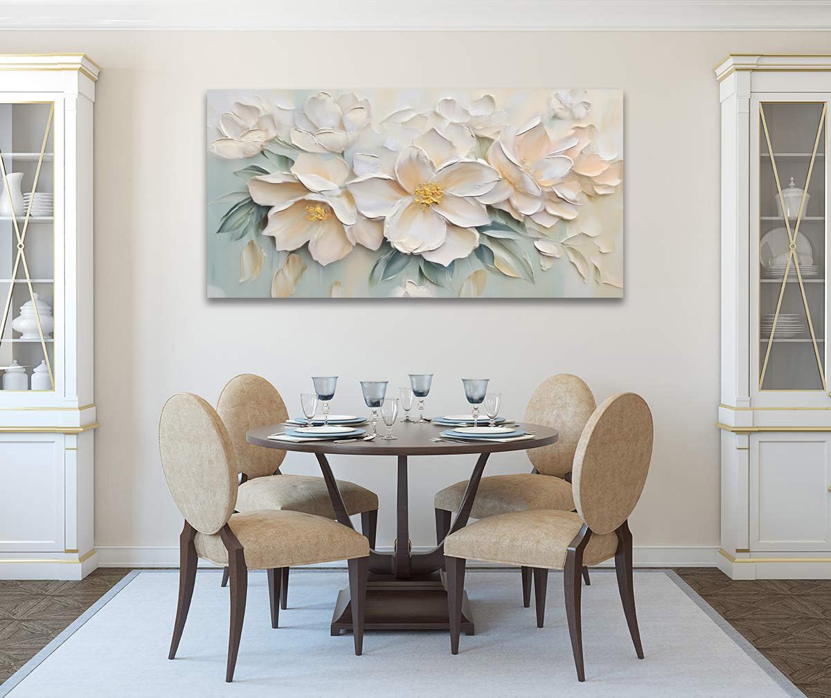 Anolyfi White Textured Flowers Canvas Wall Art for Living Room, Modern Aesthetic Sage Florals Painting Wall Decor for Hallway Bedroom Dining Room Office Home Decor 40"x20"