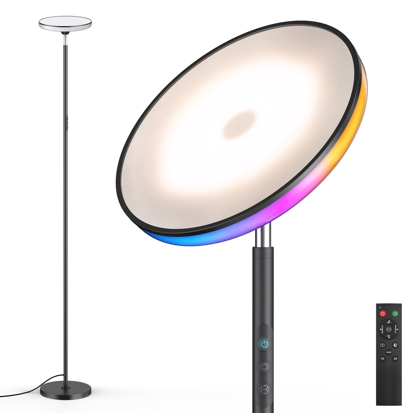 UFO LED Torchiere Floor Lamp with RGB Ambient Light, 42W 3700LM Bright Dimmable Sky Lamp,71in Modern Tall Standing Lamp with Remote Touch Control&Timer,for Living Room Bedroom Office Gaming Room,Black