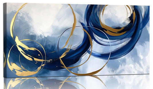 Abstract Wall Art Nave Blue Modern Canvas Pictures Art Print Gold Contemporary Artwork Painting Decor for Living Room Bedroom Home Office Decorations(20"x40")
