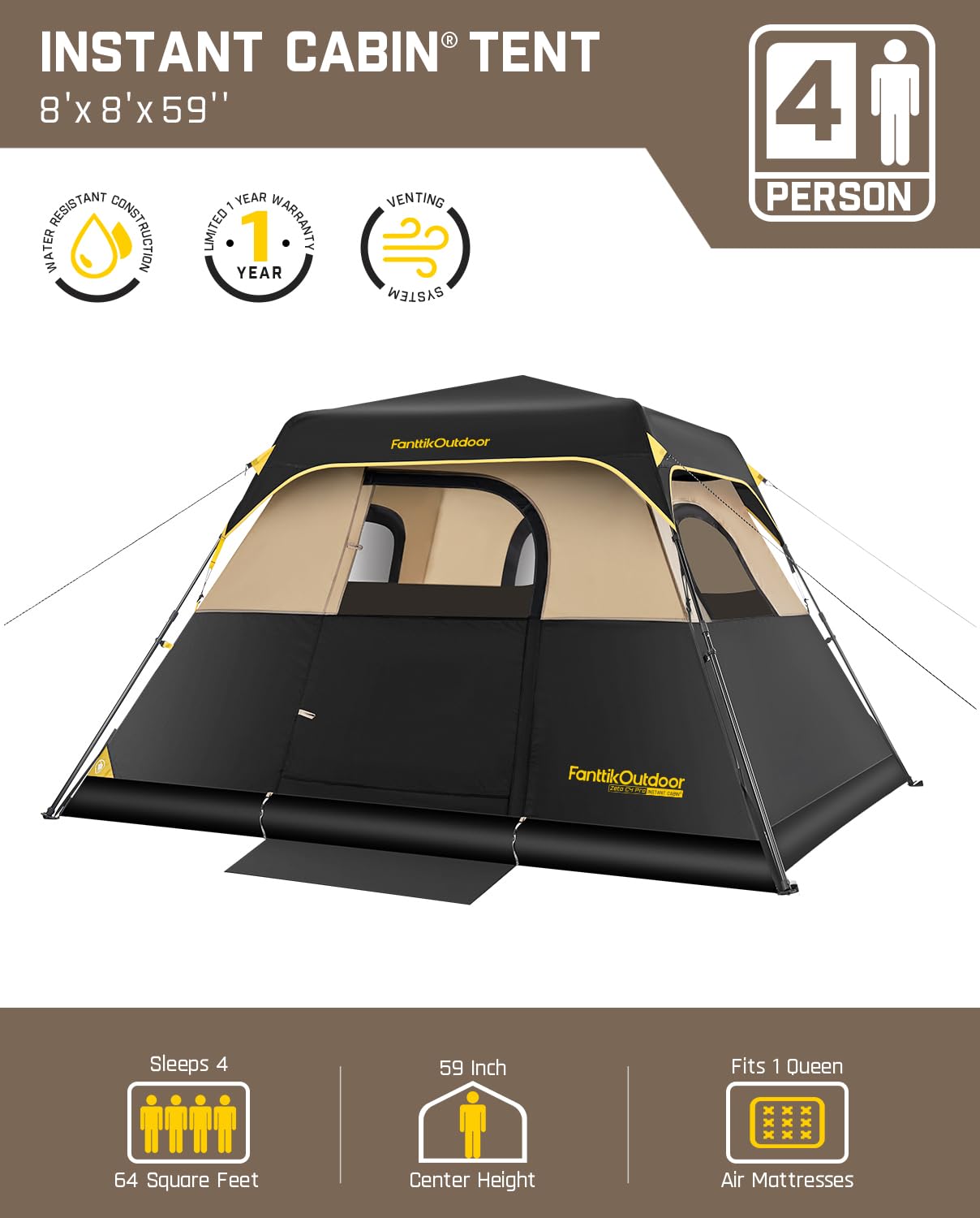 FanttikOutdoor Zeta C4 Pro Camping Tent 4 Person Instant Cabin Tent Setup in 60 Seconds with Rainfly & Windproof Portable with Carry Bag for Family Camping & Hiking, Khaki