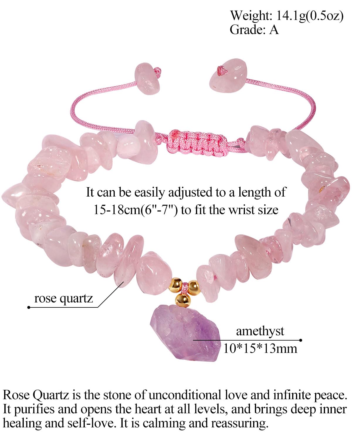 Jewever Chip Reiki Raw Amethyst Rose Quartz Crystal Bracelet for Women Chakra Tumbled Healing Crystals and Gemstones Yoga Meditation Stone Bracelets Adjustable (Rose Quartz)