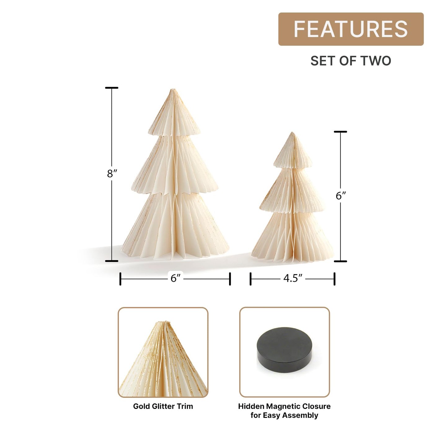 LampLust Paper Christmas Tree Decor, 2 Pack Honeycomb Paper Trees, 6 & 8 Inch, White & Gold Glitter Edge, Holiday Table Centerpieces, Christmas Table Decor, Winter Decorations
