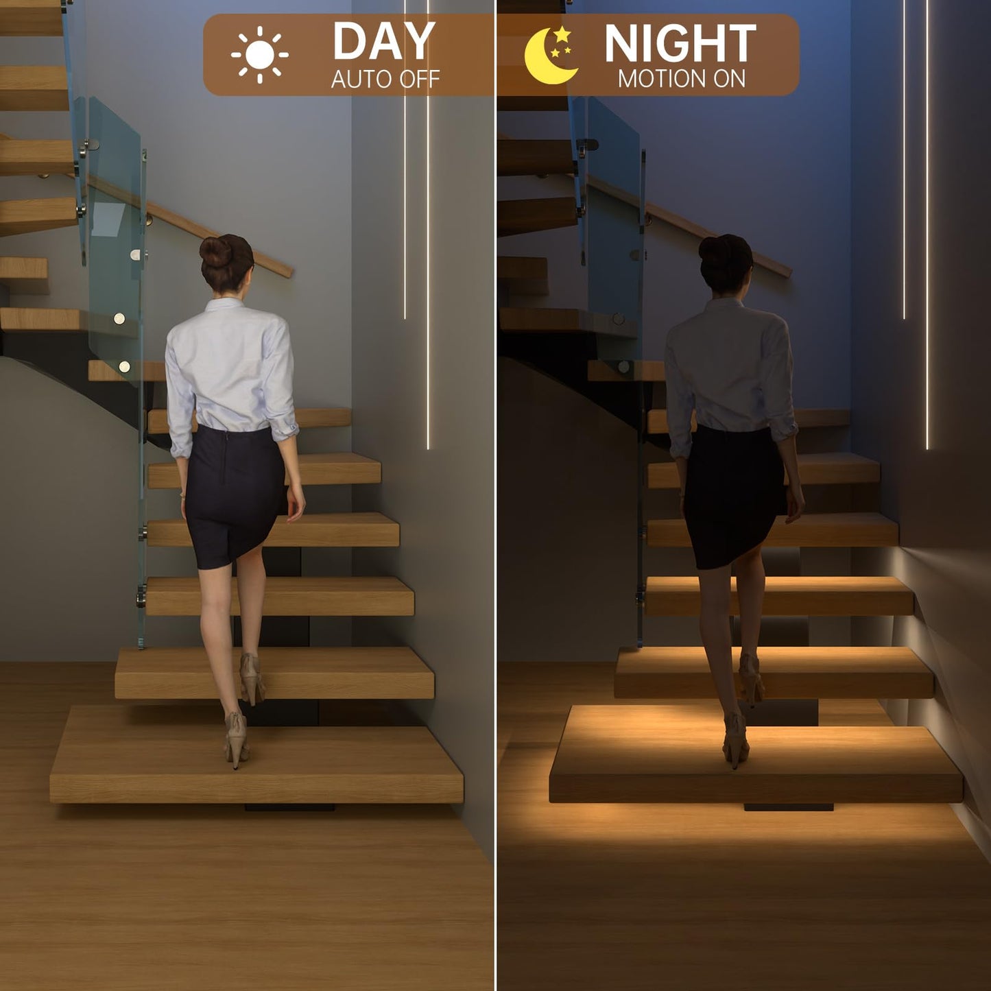 DEIGCYU Motion-Activated LED Stair Lighting Kit DE-320, 42" Cuttable Strip Light for Indoor Floating Mono Stringer & Cantilever Stairs (Warm White 3000K,20 Steps)