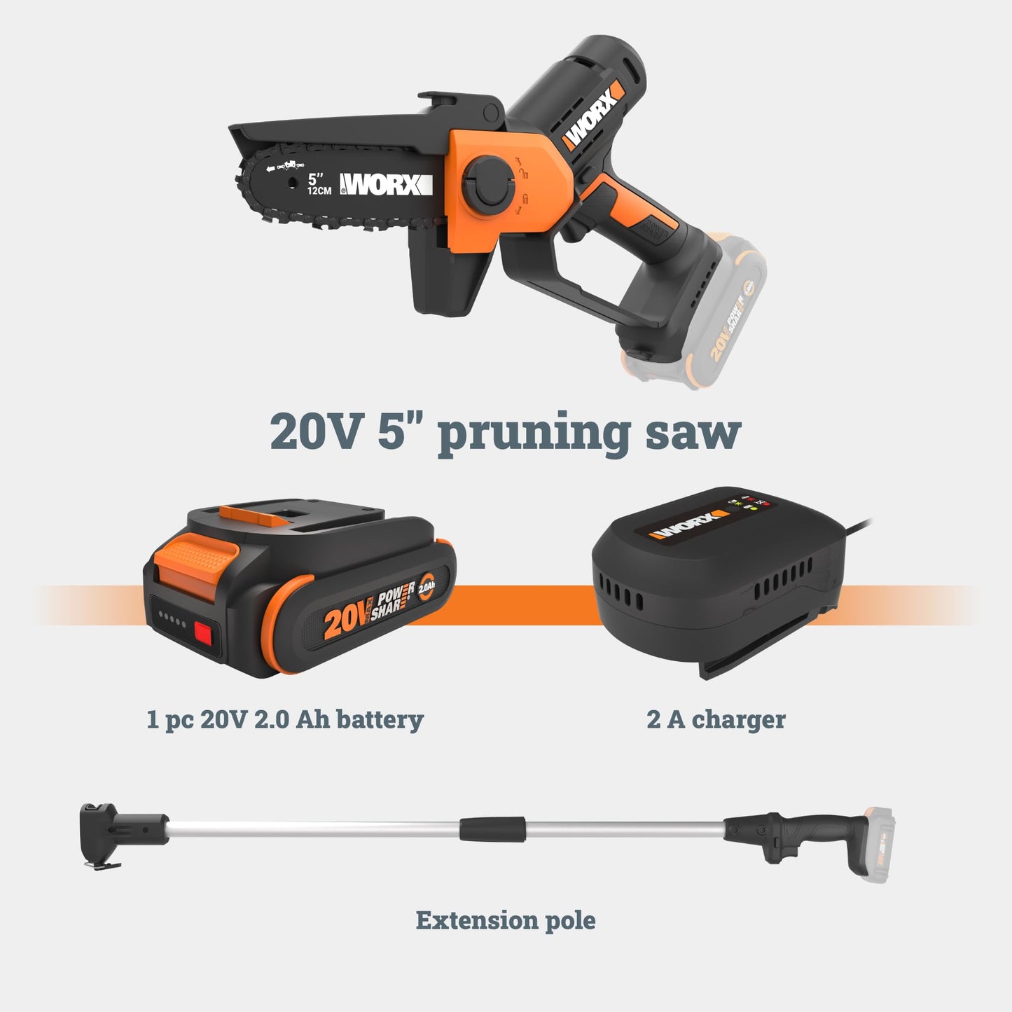 WORX Pole Chainsaw, 20V 5'' Pruning Saw with extension pole, Reach up to 9 ft, 25 ft/s Chain Speed, Includes 20V 2.0 Ah Battery and Charger, PowerShare,WG326.1