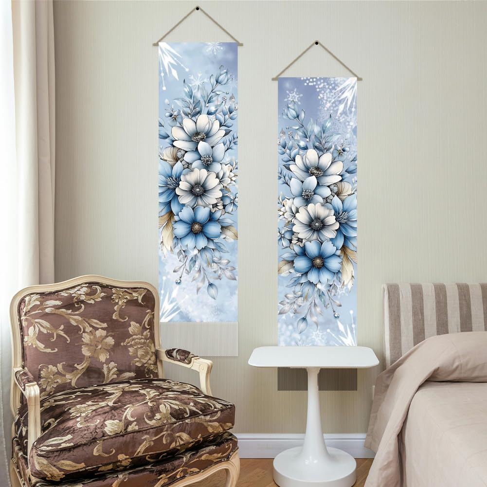 AHANDMAKER 2Pcs Vintage Blue Garden Flowers Tapestry, Nostalgic Floral Arrangement Tassel Tapestry Hanging for Bedroom Living Room Vintage Appeal(45.7x13 Inch)
