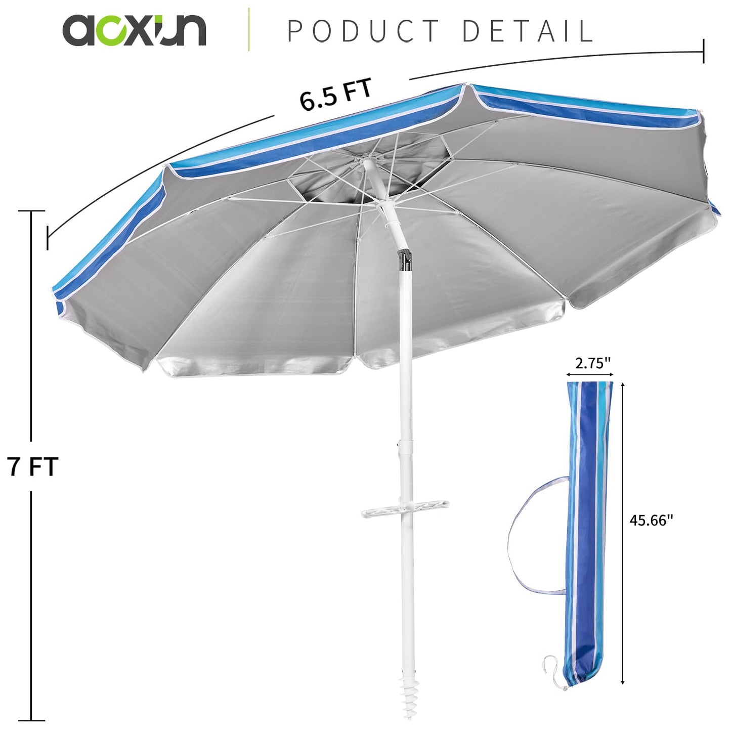 Aoxun 6.5ft Beach Umbrella with Tilt Pole, Portable Sand Anchor and Carry Bag, UPF 50+ Sun Shelter Air Vents Design for Outdoor Activities (Navy Blue & White)