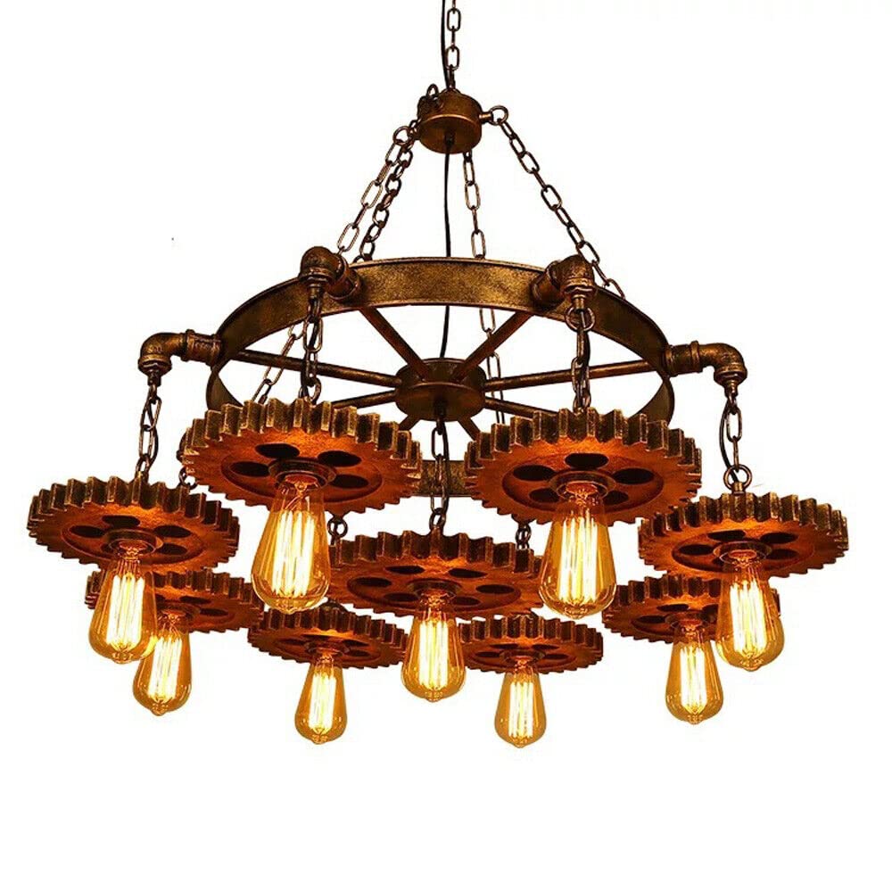 Flhonudi 9-Light Retro Industrial Pendant Light Metal Gear Hanging Lamp Farmhouse Chandelier Pendant Lamp Fixture Adjustable Height for Restaurant Pool Table Kitchen Island Bar