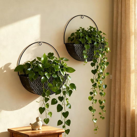 Chadechimo 2-Piece Black Metal Planter Wall Hanging Baskets Decor Half-Moon Wall Mount Planter Set for Shabby Chic Farmhouse Outdoor Indoor Wall Decor