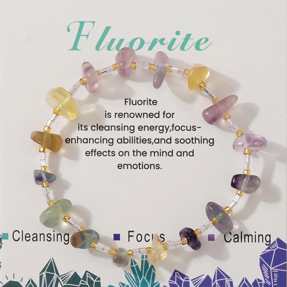 SHINUS BOHO Healing Natural Crystal Beaded Stretch Bracelet for Women,Handmade Boho Irregular Fluorite Energy Stones Cleansing Calming Bracelet Strength Summer Beach Fashion Jewelry Gift Friendship