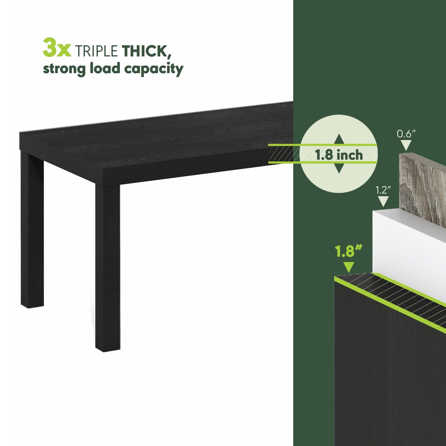 Furinno CLASSIC Coffee Table, Modern Rectangle Coffee Table with 1.8" Triple Thick Tabletop, Side Table, Toolless Assembly, for Living Room, Home Office, Black