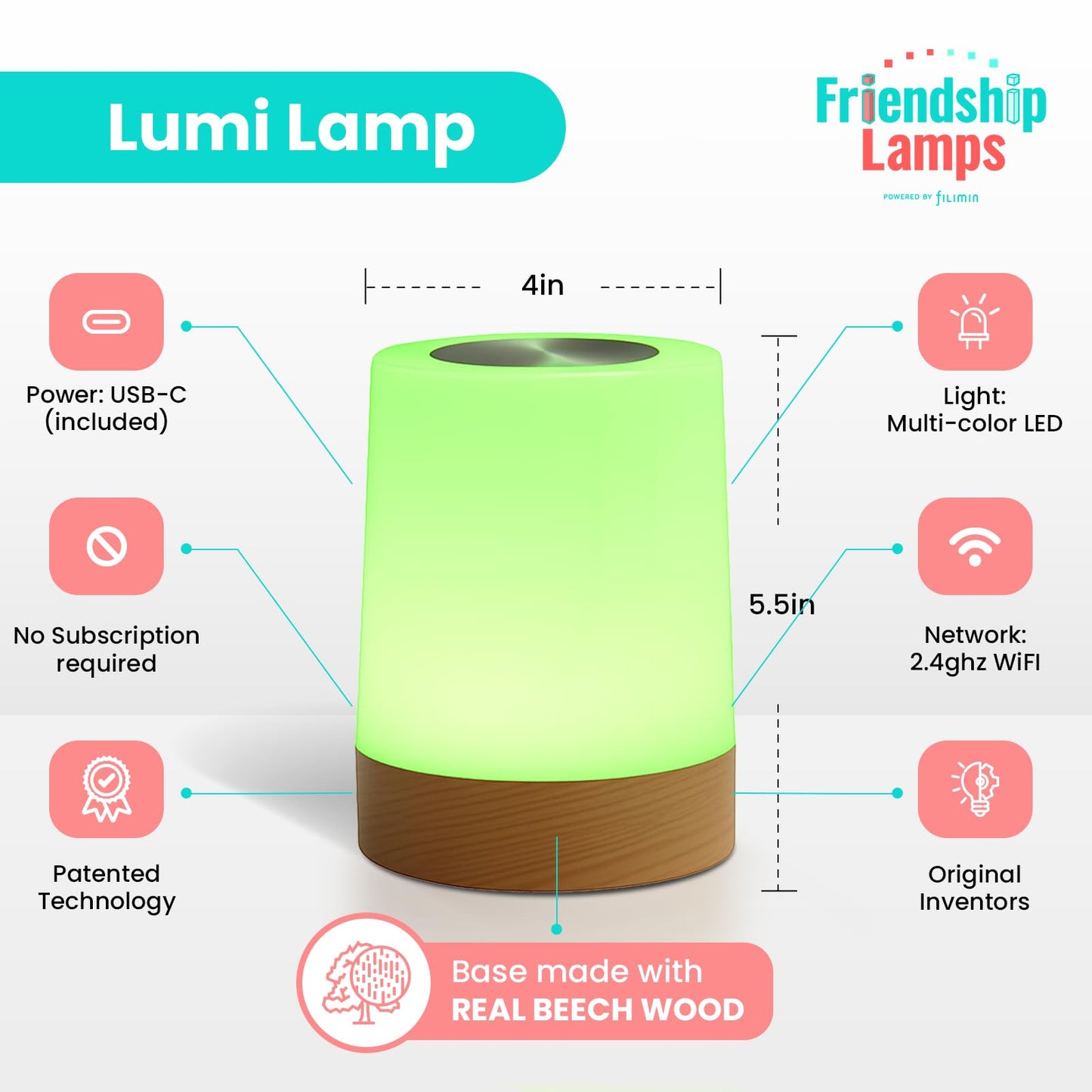 Friendship Lamp Lumi by Filimin - Best Friend WiFi Touch Lamp Real Beech Wood LED Light for Long-Distance Connection, Relationship, Friendship, Gifts, Couples, App Setup, No Subscription - Set of 2