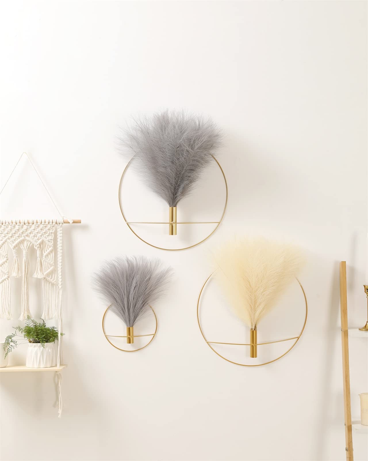 Pretty Jolly Boho Wall Decor, Wall-Mounted Metal Wall Decor, Hanging Artificial Pampas Display, Wall Art Living Room, Bedroom, Bathroom, Dining room, Plant Wall Decor 2 Pack Gold
