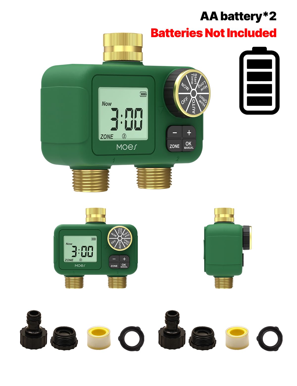 MOES 2 Zone Water Timer for Garden Hose, Heavy Duty Solid Brass Inlet & Outlets, Programmable Sprinkler Timer Battery Operated, Automatic Dual Faucet Valve with Sequential Watering (Non-WiFi)