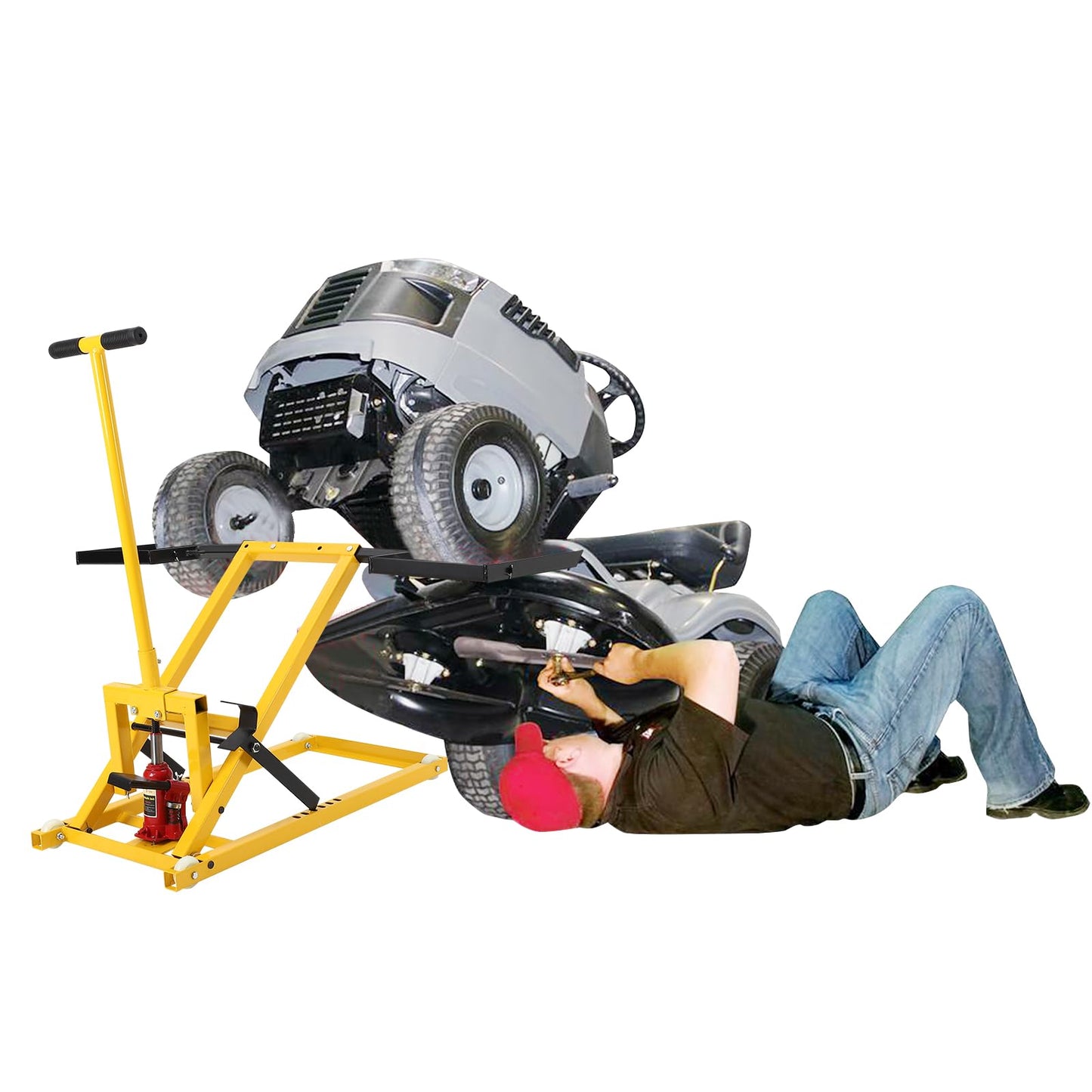 Hydraulic Lawn Mower Lift Jack, 500LBS Capacity Zero Turn Mower Lift with 26.5" Telescopic Height, for Riding Tractors and Zero Turn Lawn Mowers (Yellow)