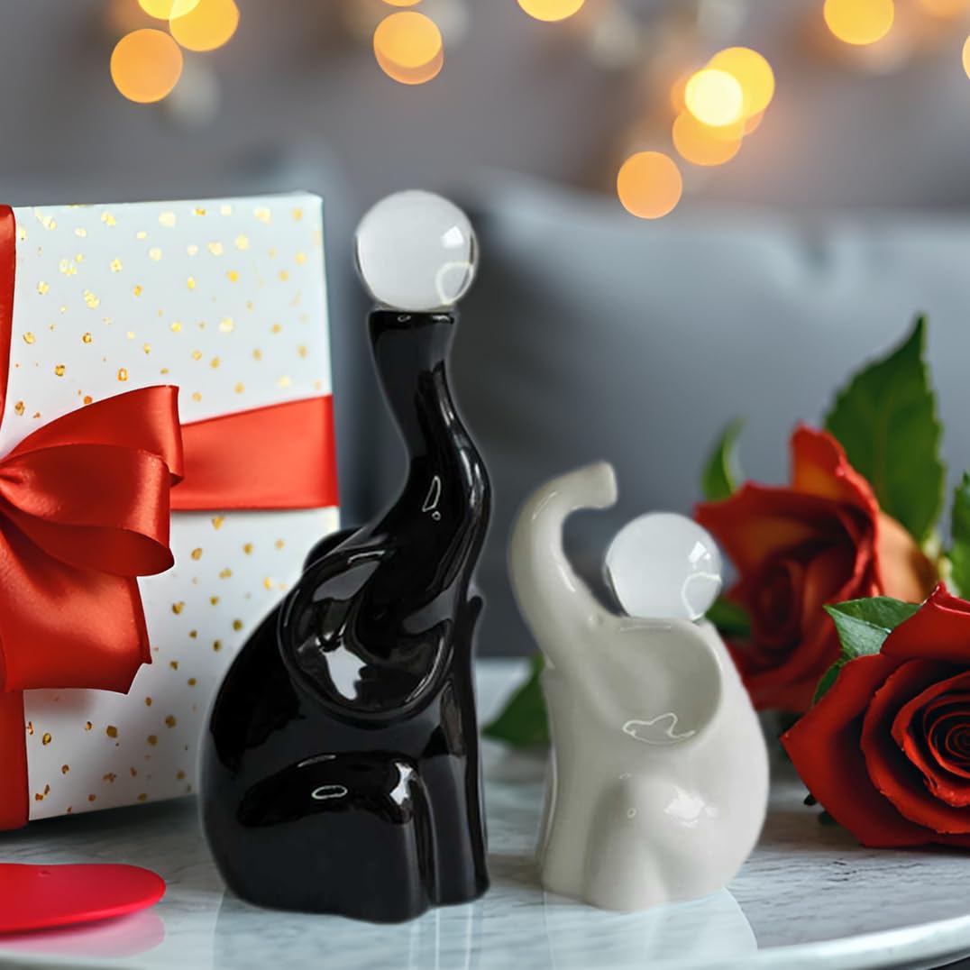 AOBOWEYO Handmade Elephant Gifts for Women, Ceramic Figurines with Crystal Balls, Modern Statues Home/Office Decor, Animal Sculpture for Anniversary/Housewarming/Wedding/Couples (Black & White)