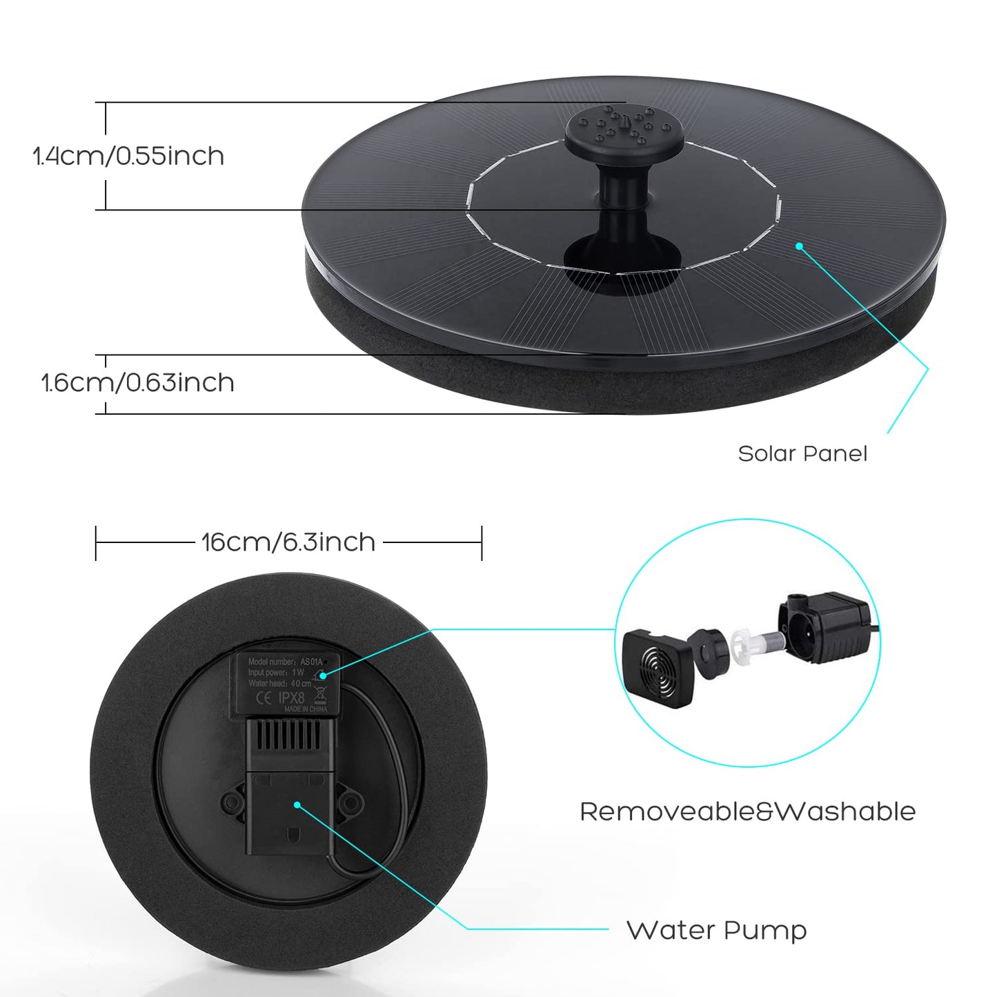 Mademax 1W Solar Bird Bath Fountain Pump, Solar Fountain, Free Standing Floating Solar Powered Water Fountain Pump for Bird Bath, Garden, Pond, Pool, Outdoor