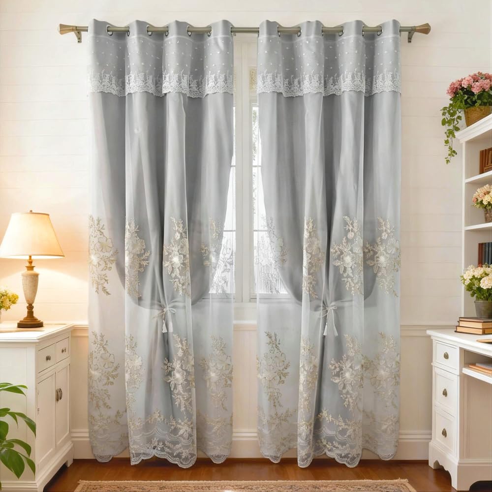 Amidoudou 1 Pair European Double Layer Curtains Luxury Flower Embroidered Curtains for Living Room Bedroom (Grey,52x90 Inch)