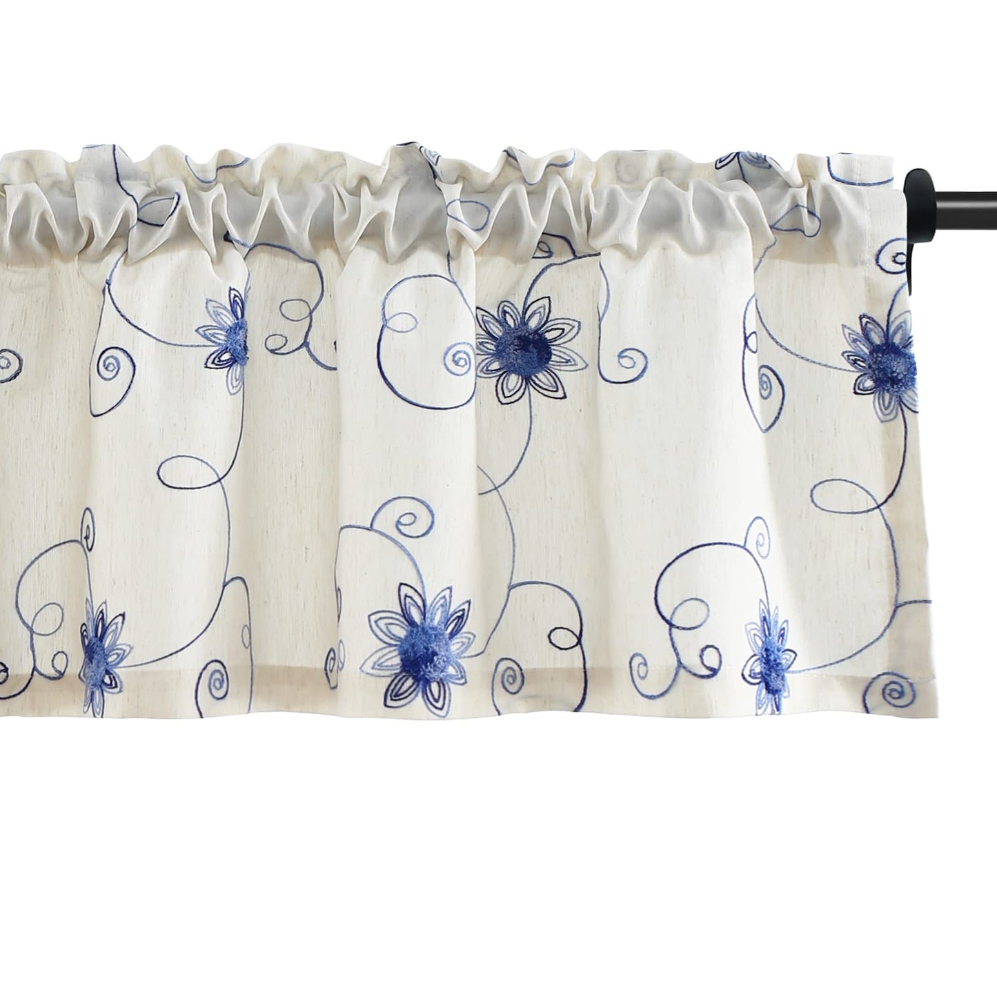 VOGOL Blue Floral Window Curtain Valance, Elegant Botanical Flowers & Vines Embroidered Window Treatment Valance, 1 Panel for Kitchen Cafe Living Room, 52 x 14 Inch, Blue