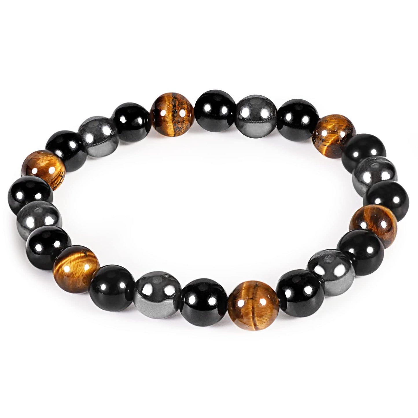 Denchy Triple Protection Bracelet, Tigers Eye - Black Obsidian and Hematite Beaded Bracelets for Men Women, Tourmaline Spiritual Natural Crystal Stone Luck Bracelet, Birthday Mother's Day Gift (8mm)