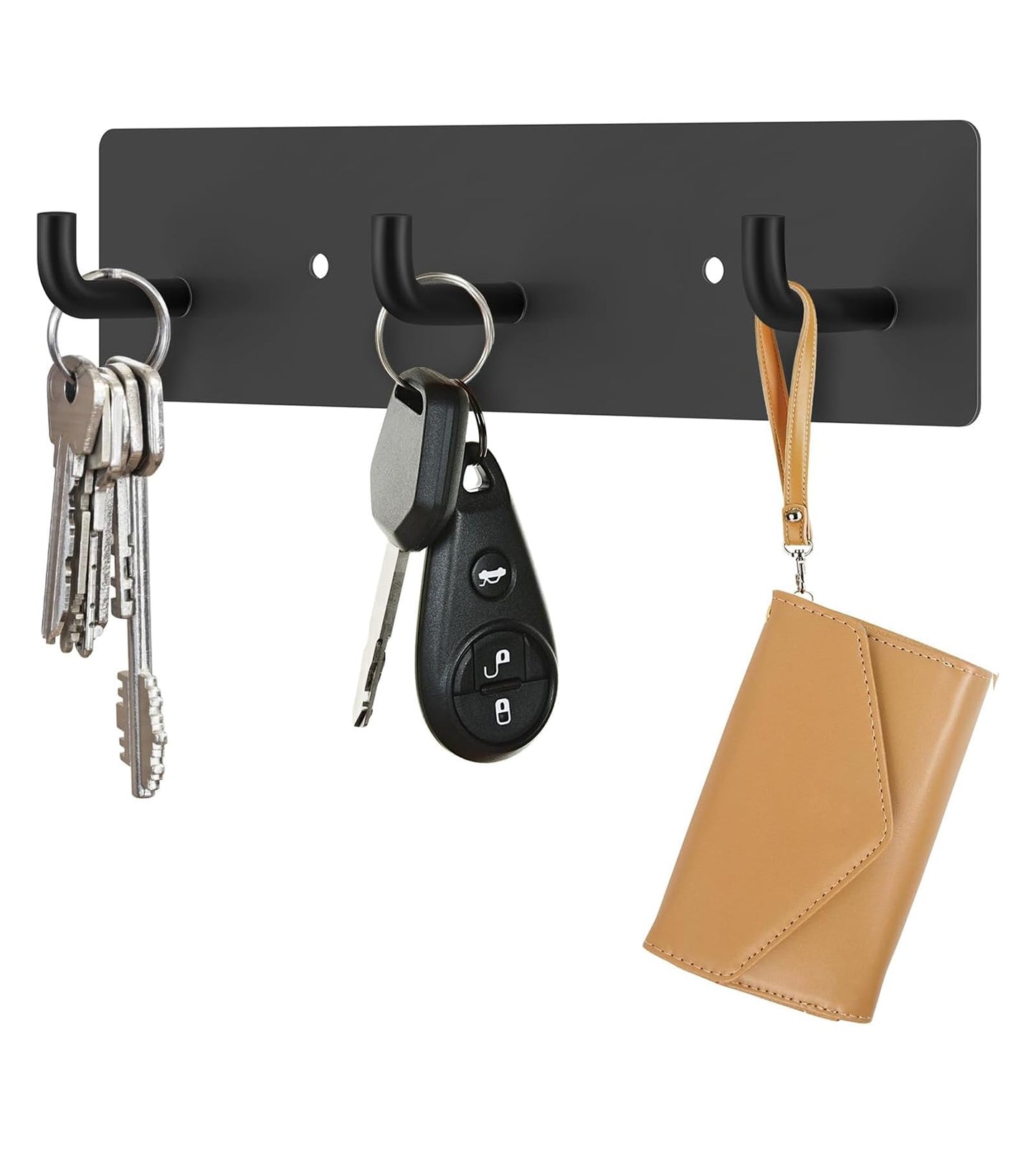 RELBRO Key Holder Wall Mount, Small Metal Self Adhesive Key Rack with 3 Hooks, 2 Installation Options, Black