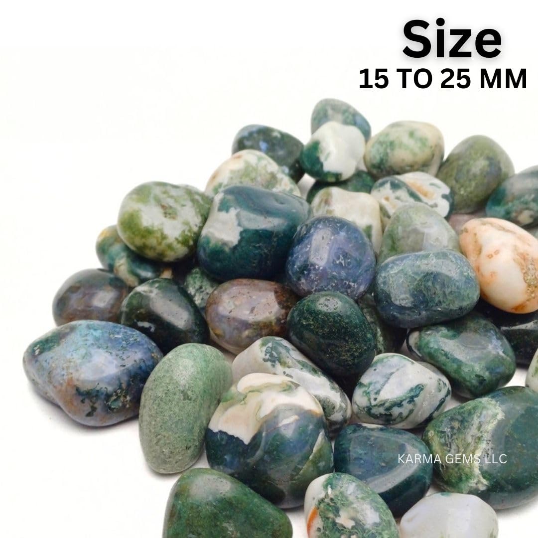 Karma Gems 1lb Moss Agate Tumbled Stones - Polished Stones for Positive Energy - Crystal Kit for Fresh Mind & Restful Sleep - Healing stone for Chakra Balancing -Ideal for Gift & Home Decor (15-25 Mm)