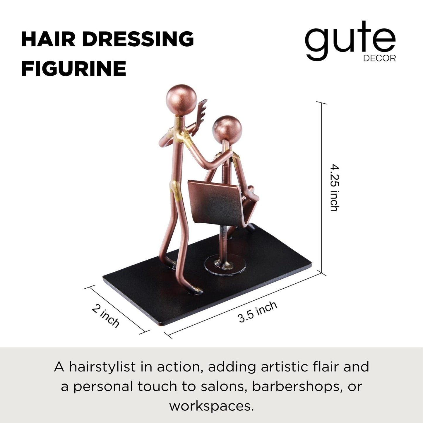 GUTE Hairdresser Craft Handmade Figurine 4.25" L x 4.25" H Recycled Metal Sculpture & Hand Welded Bronze Finish Art Gift Barber Shop Decor, Salon Desk Accessories & Hairstylist Appreciation Gifts
