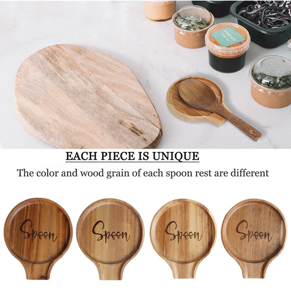 Set of 2 Wood Spoon Rest for Stove Top - Smooth Acacia Wood Spoon Holder for Kitchen Counter with Non Slip Silicone Feet,Perfect Holder for,Spatulas Tongs and Spoons, Brown (Labeled "Spoon")