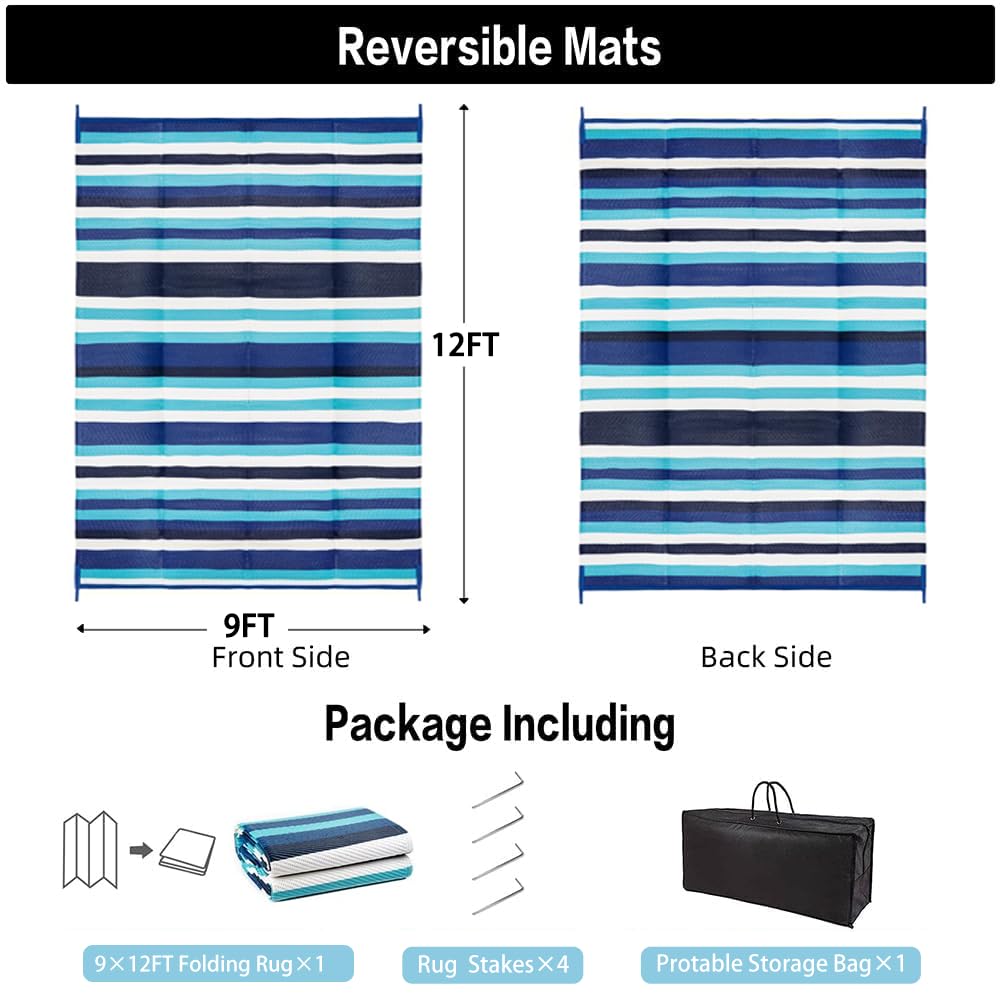 HUGEAR Outdoor Waterproof Rug 9'x12' Plastic Straw Rugs Washable Reversible Floor Mat Blue Stripe Carpet for Camping RV Deck Entryance Porch Picnic Balcony Beach Backyard