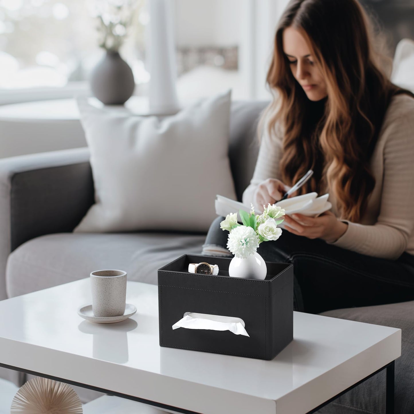 MEIBOOCH Plus Size Tissue Box Cover Rectangle, PU Leather Tissue Box Holder with Storage Tray, Decorative Organizer Tissue Holder for Bathroom, Bedroom Dresser, Night Stand, Office (Black)
