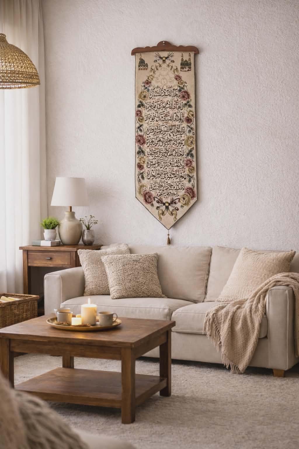 Islamic Wall Hanging with Arabic Calligraphy and Floral Design, Decorative Muslim Wall Décor for Living Room, Bedroom, or Prayer Space, 3'11" x 1'1"