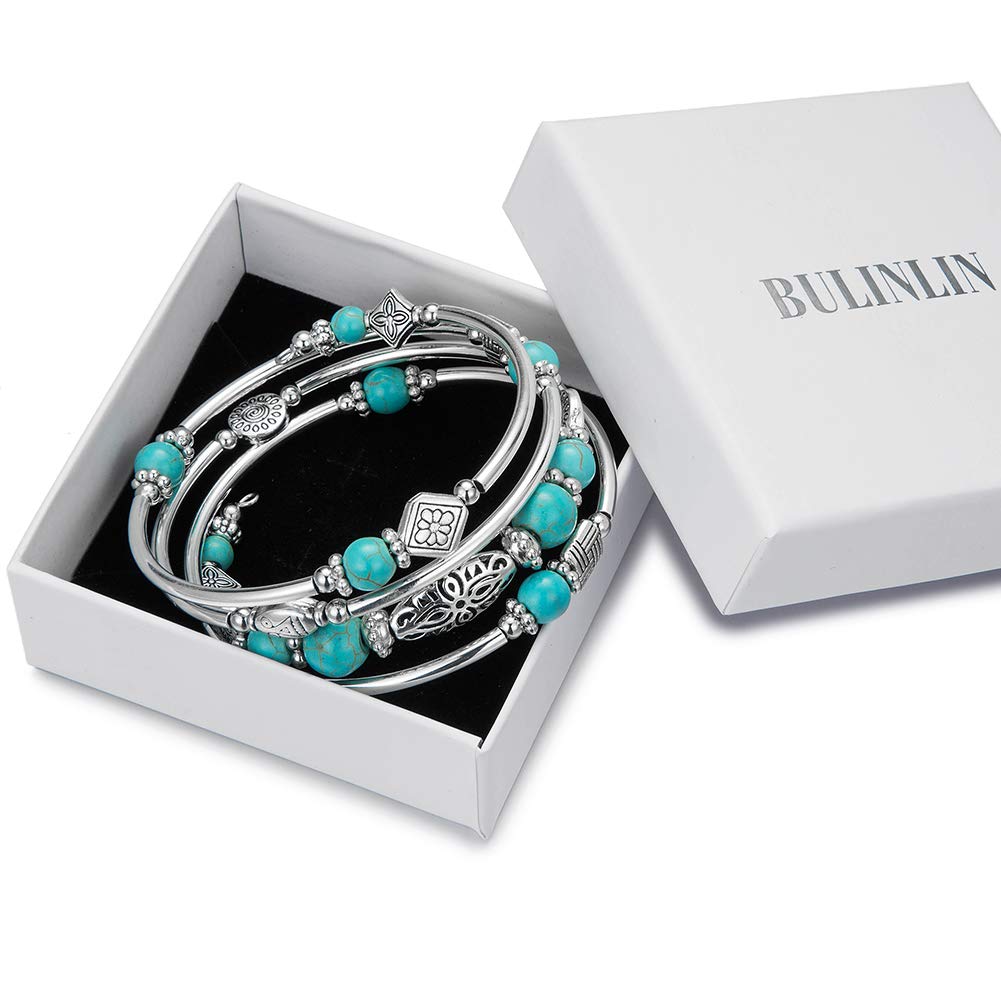 BULINLIN Layered Wrap Bangle Turquoise Bracelet - Bead Bracelet with Natural Agate Stone, Gifts For Women (01-Turquoise)