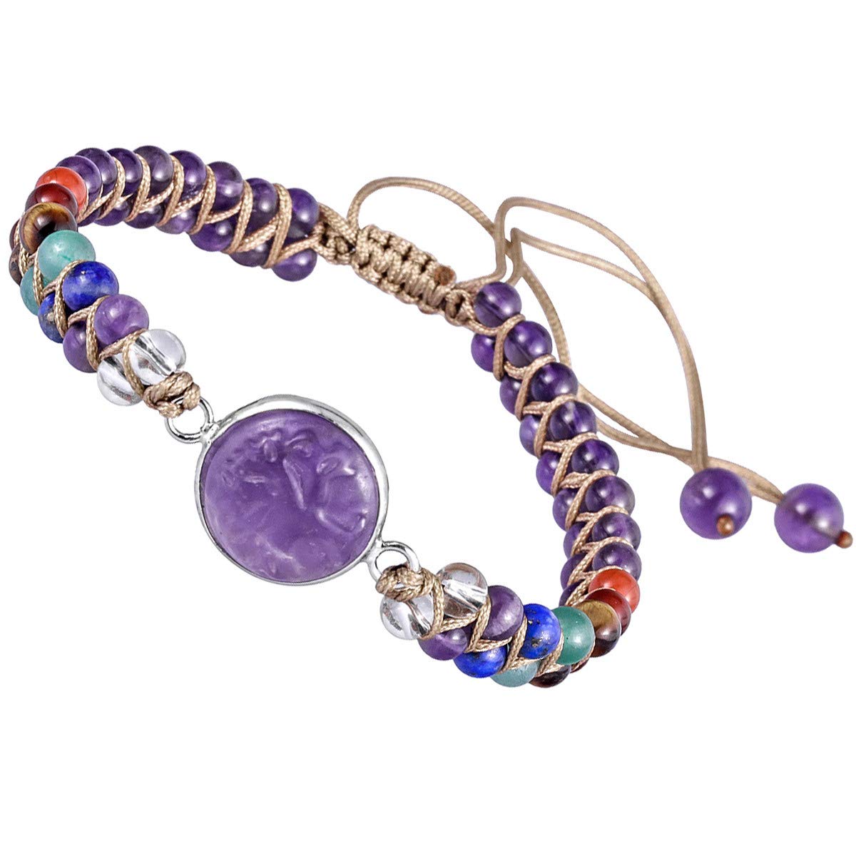 TUBMEELLUWA 7 Chakra Crystal Tree Pattern Braided Stone Beads Bracelet Adjustable Strand Beaded Bracelet Bangle Double Layers, Amethyst