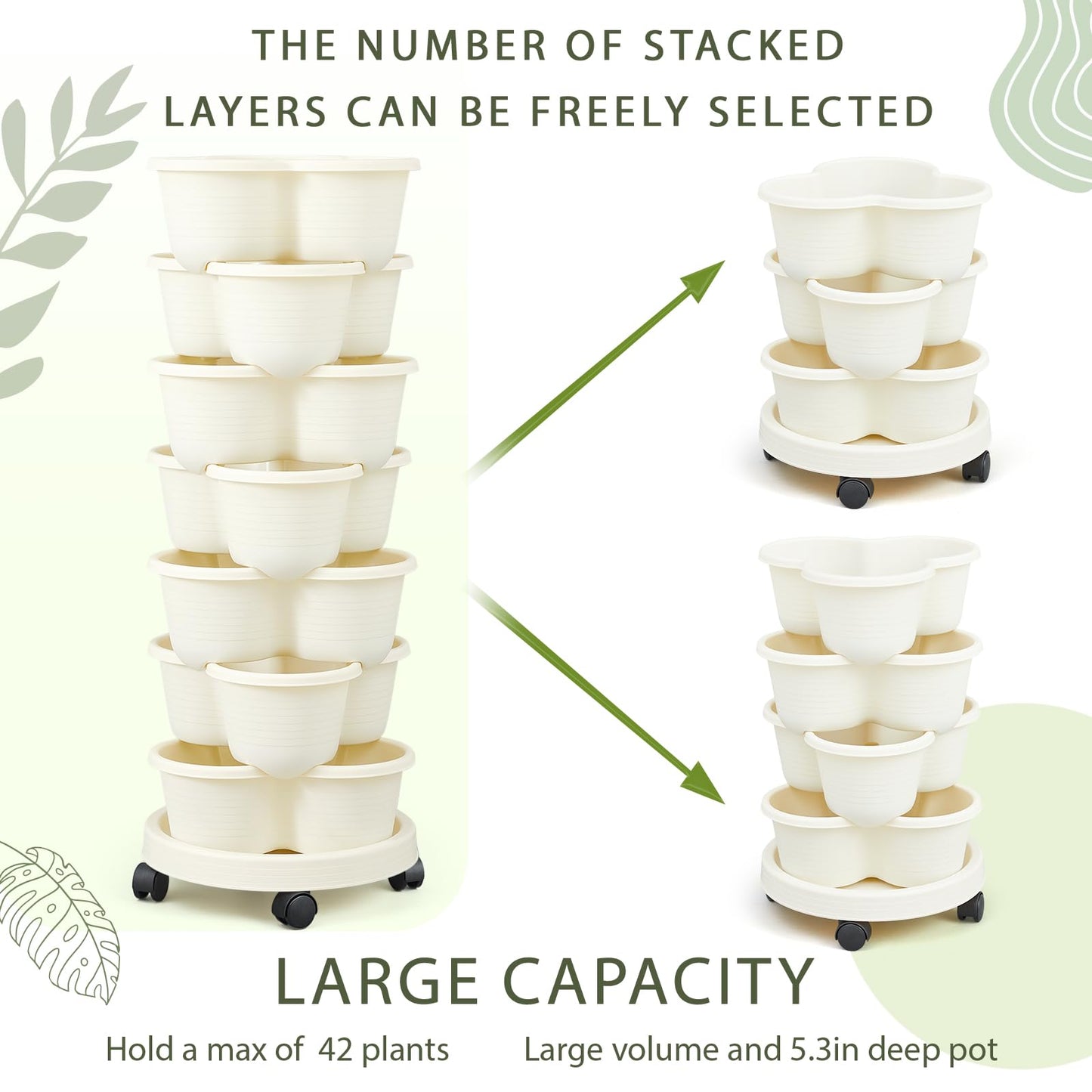 Umigy 2 Set Ivory 2 Set of 7 Tier Stackable Vertical Planters with Removable Wheels and Tools Tower Planters Strawberry Herb Flower Vegetable Pots Indoor Outdoor Gardening Pots