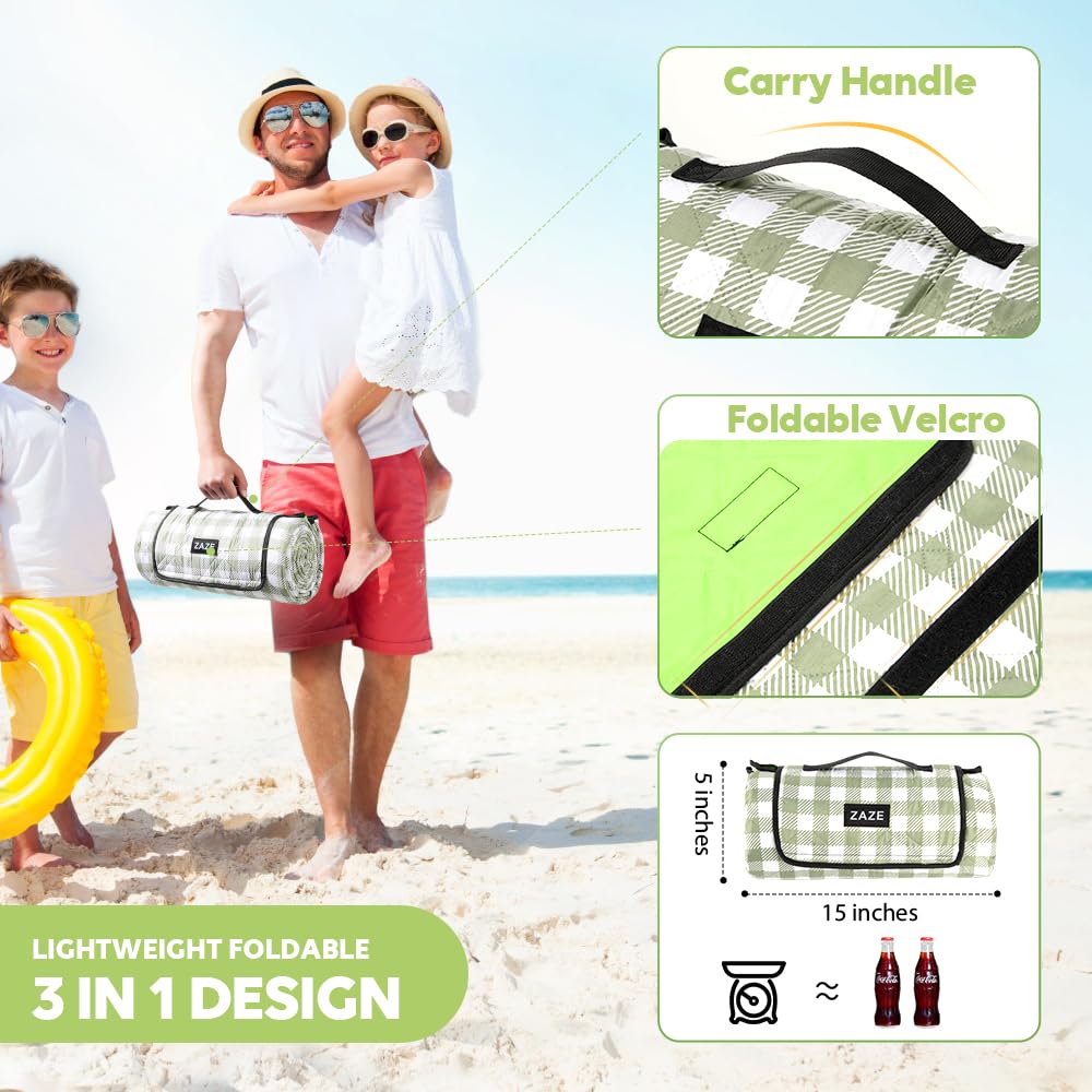 ZAZE Extra Large Picnic Outdoor Blanket, 80''x80'' Waterproof Foldable Blankets Gingham Picnic Mat for Beach, Camping Grass Lawn Park Accessories Cute Couple Gifts Ideas Wedding Registry(Green White)