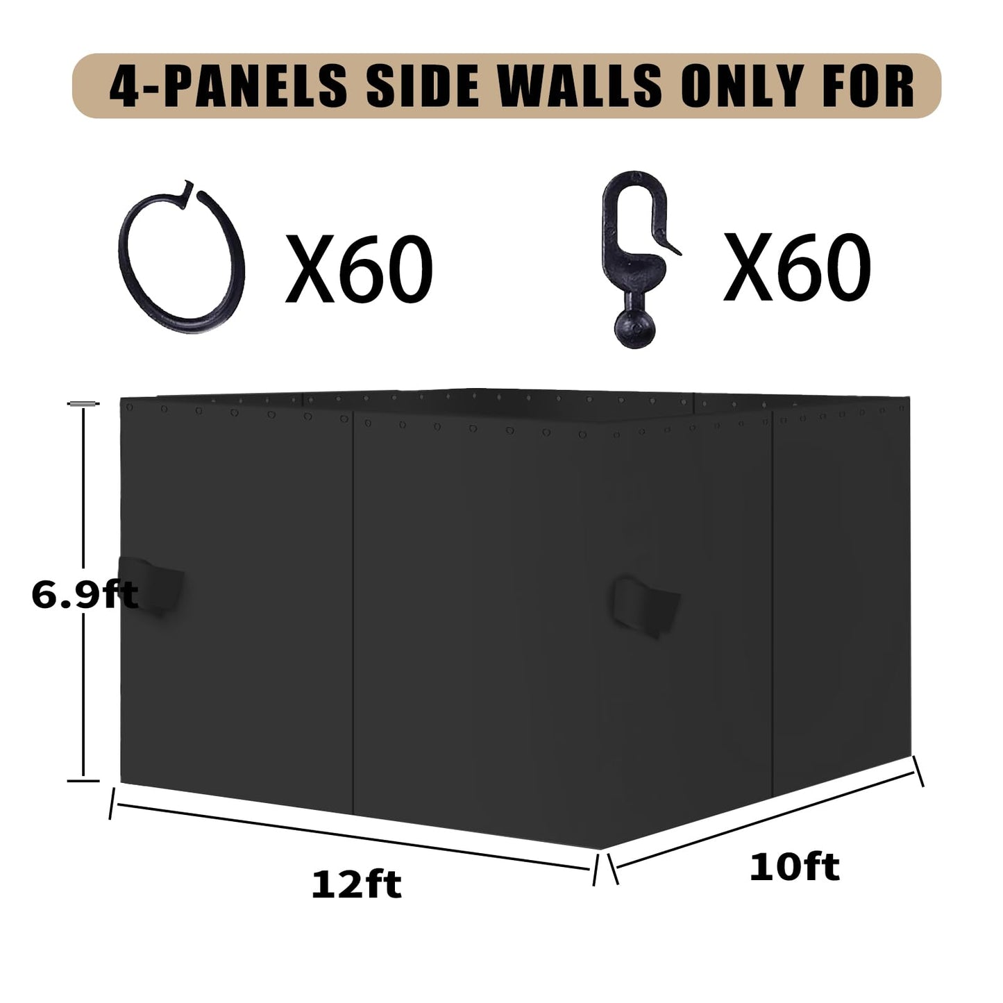 GarPad Gazebo Curtain Replacement Universal Privacy Curtain, 4-Panels Sidewall 10'X12' Curtain Gazebo Outdoor with Zipper,Universal Replacement for Patio Privacy Screen Black(Only Curtain)