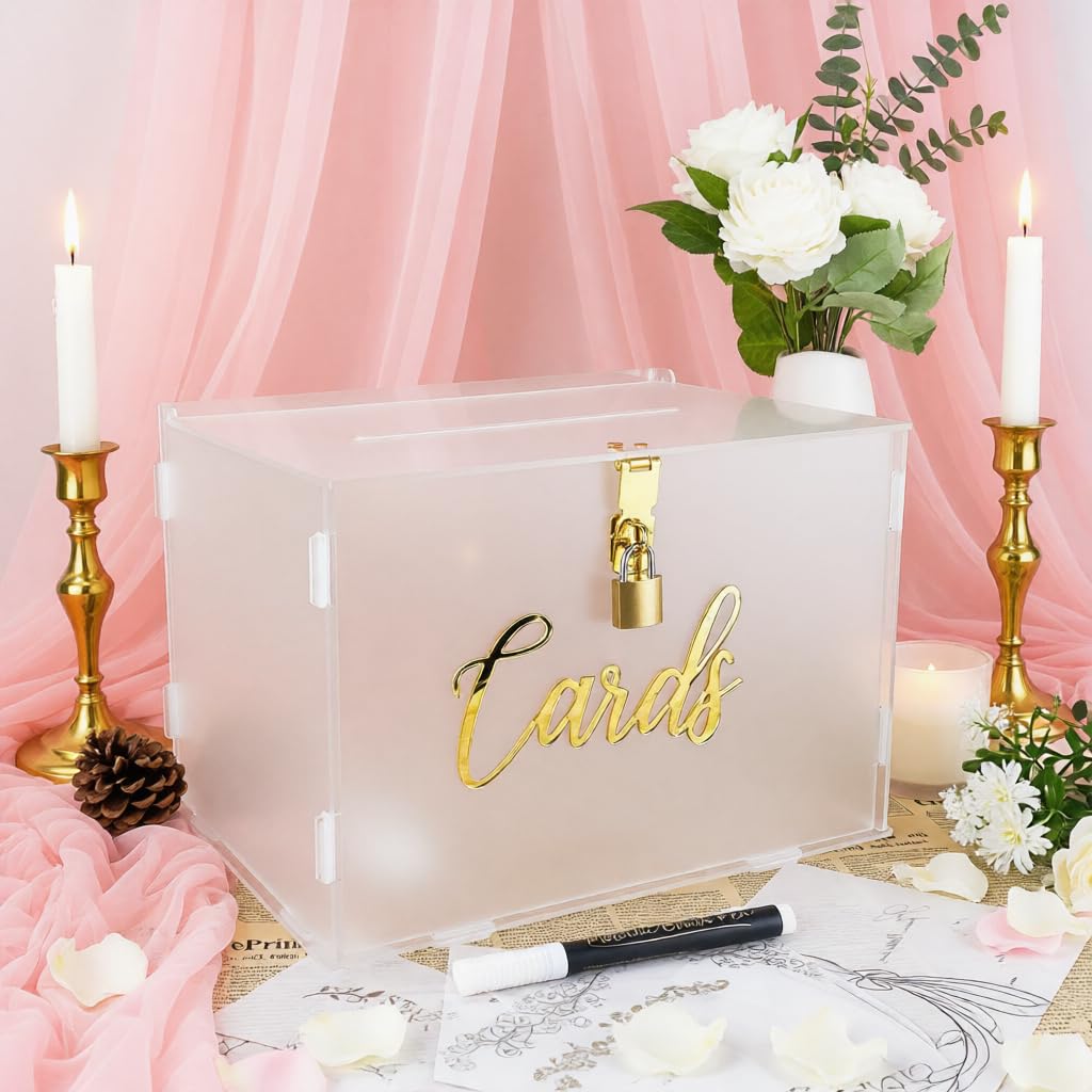 FCDECOR 11" Acrylic Wedding Card Box with Lock, Frosted Gift Card Box for Wedding Decorations for Reception, Honeymoon Fund Money Box for Bridal Shower Decorations Party Reception Anniversary