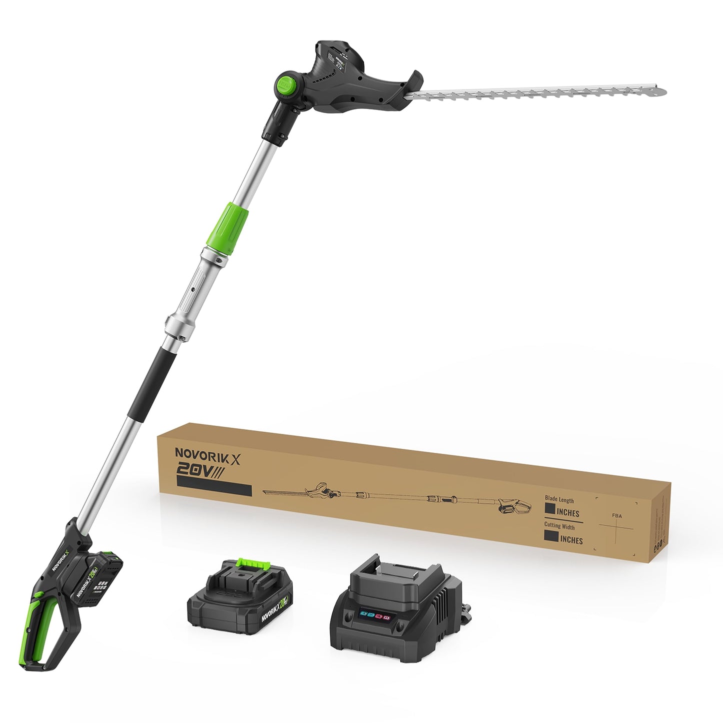 NovorikX Pole Hedge Trimmer Cordless 20V with Battery Powered 20-Inch Electric Hedge Trimmers 15-FT Reach with Extension Pole Multiple Angles for Shrubs Pruning Bush Trimmer