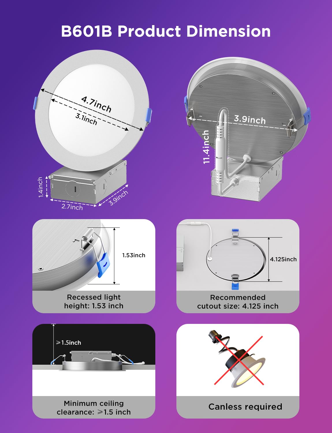 Govee Smart Recessed Lighting 4 Inch, Wi-Fi Bluetooth Direct Connect RGBWW LED Downlight, 65 Scene Mode, Work with Alexa & Google Assistant, LED Recessed Lighting with Junction Box, 850 Lumen, 4 Pack