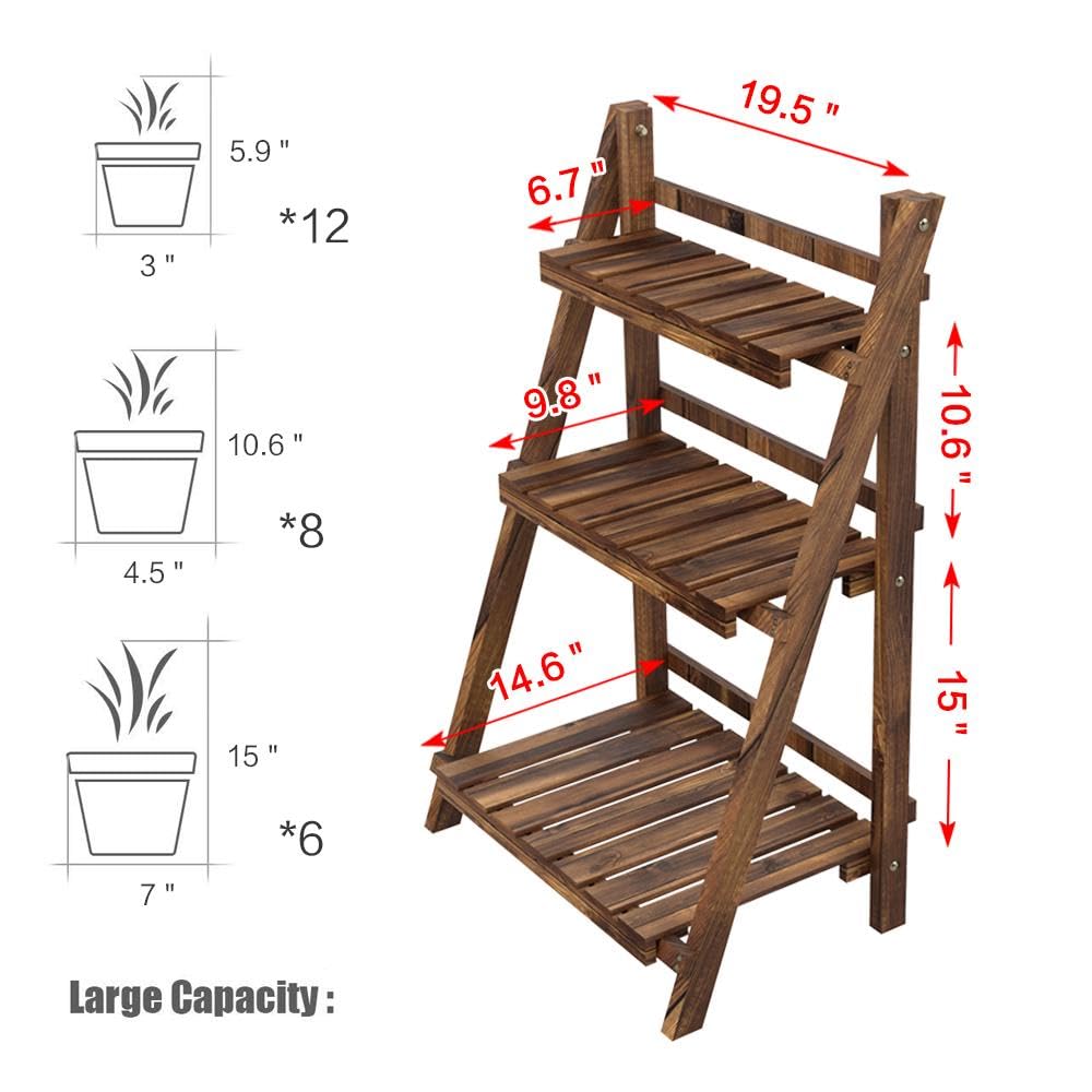 Yaheetech Folding Plant Stand Wooden Foldable Plant Shelf 3-Tier Flower Pot Stand Plants Display Shelf Rack Ladder Garden Indoors Outdoors 23.6 x 15 x 36.6in